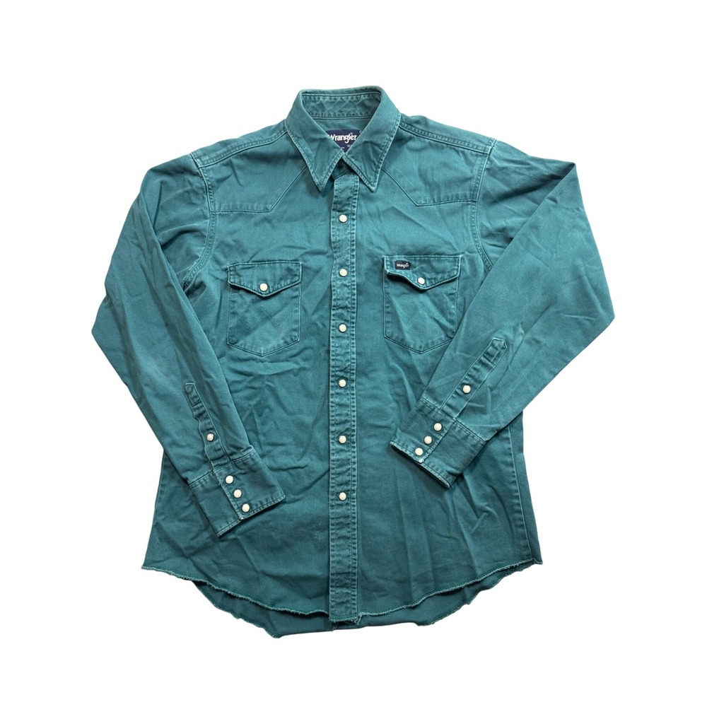 Vintage Wrangler Brushpopper Western Shirt Teal Green Pearl Snap Mens 16.5 x 34